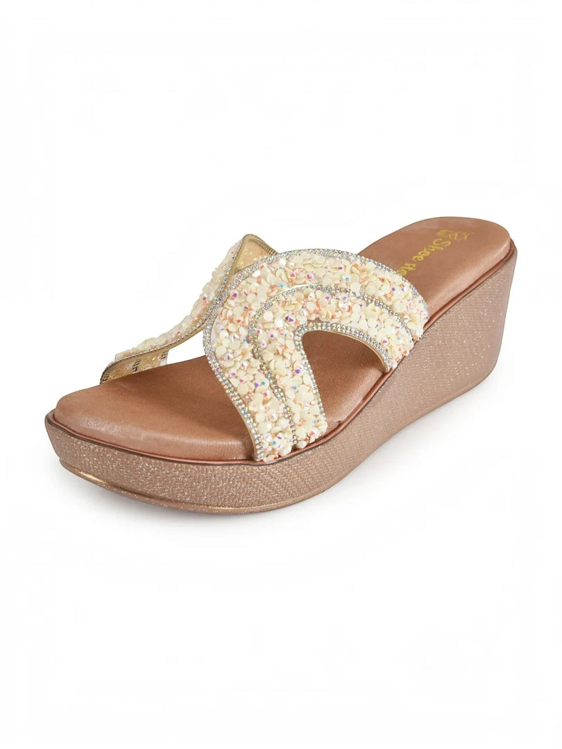 Fancy Upper Beaded Wedge Sandals