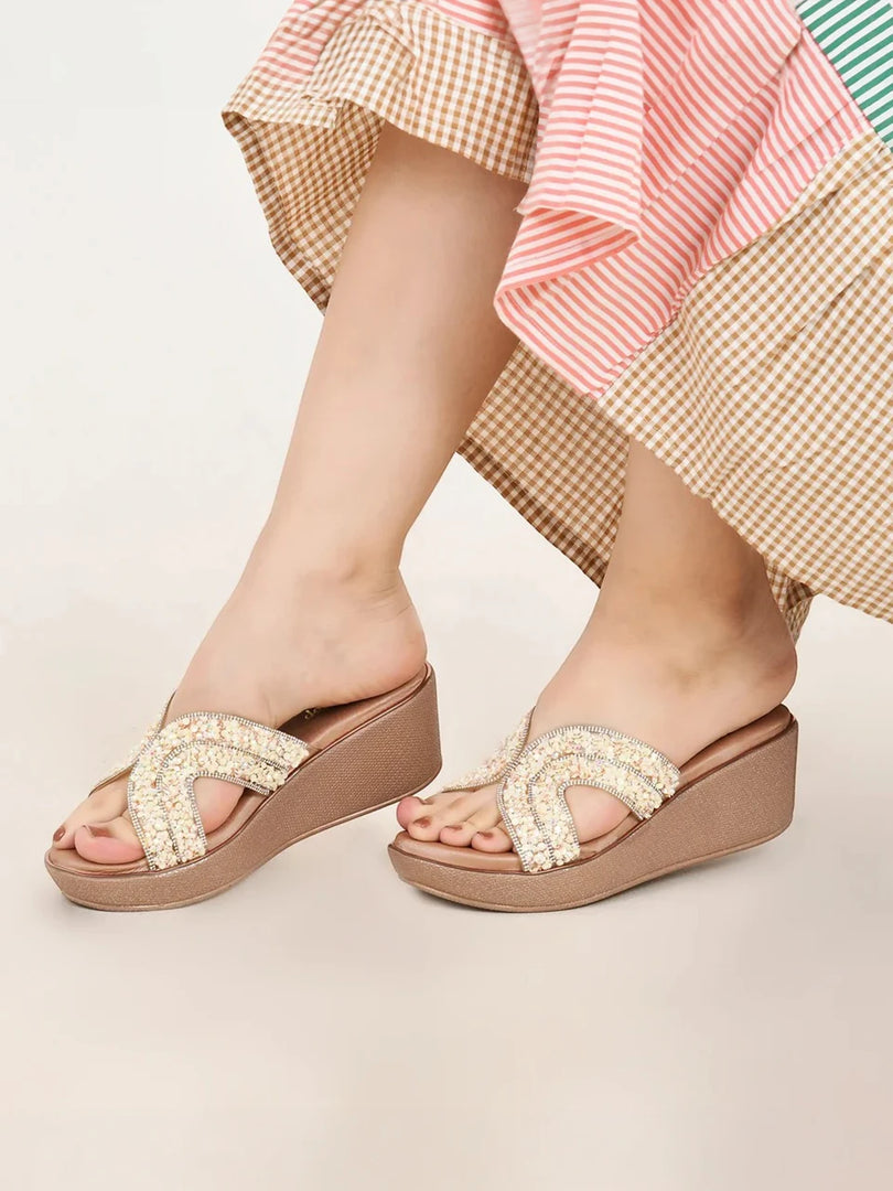 Fancy Upper Beaded Wedge Sandals