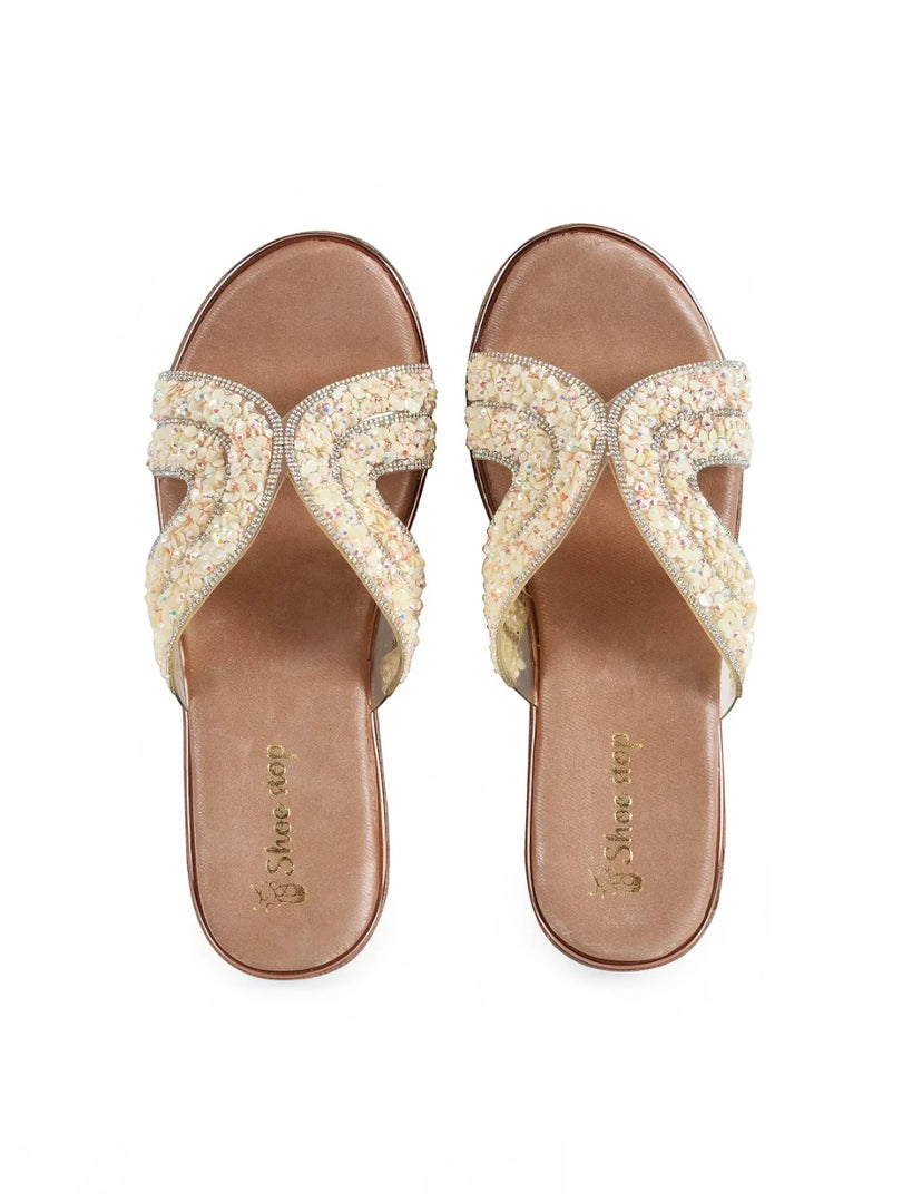 Fancy Upper Beaded Wedge Sandals