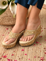 Load image into Gallery viewer, Heleey Golden Glam Embellished Wedge Slippers