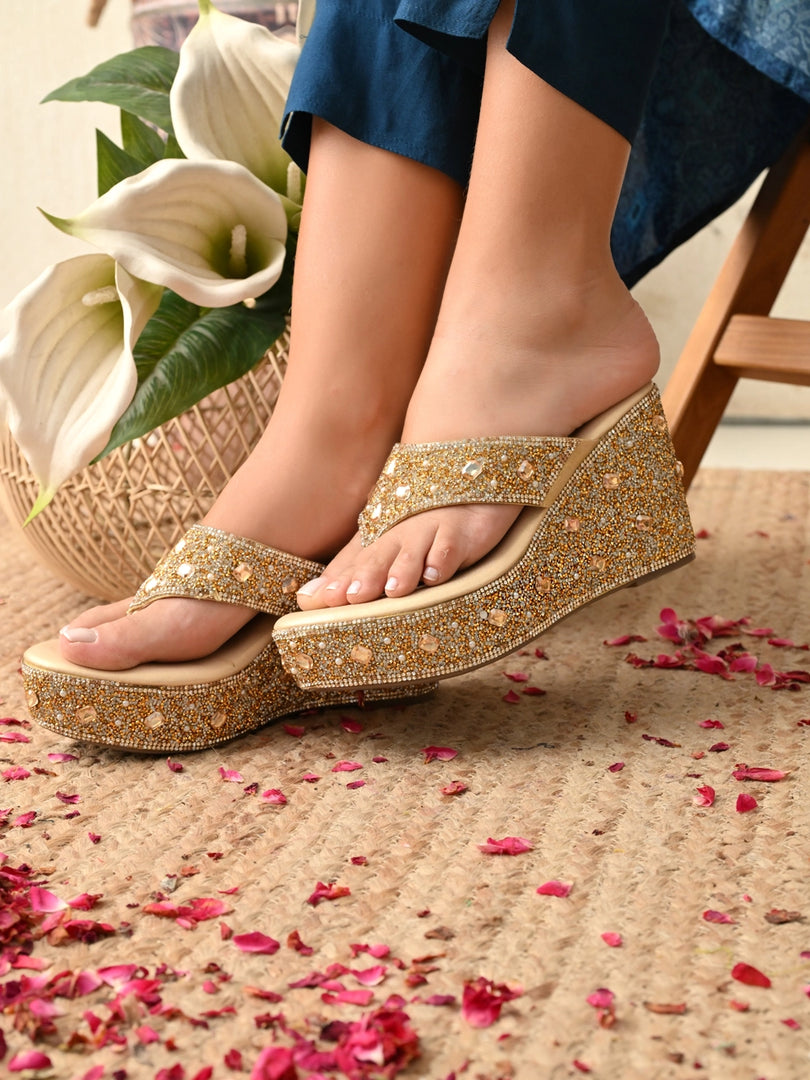 Heleey Golden Glam Embellished Wedge Slippers