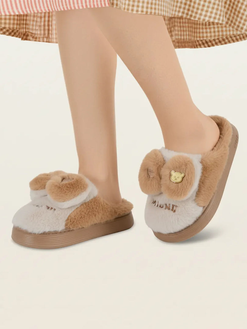 Heleey Fluffy Bow Bear Brown Slippers