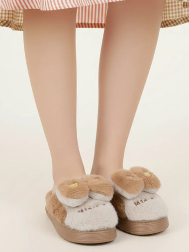 Heleey Fluffy Bow Bear Brown Slippers