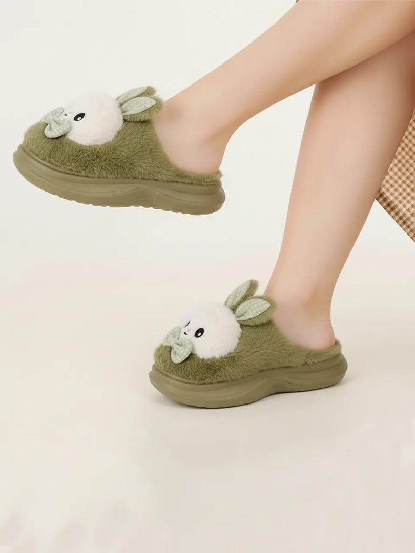Heleey Green Bunny Bow Plush Slippers