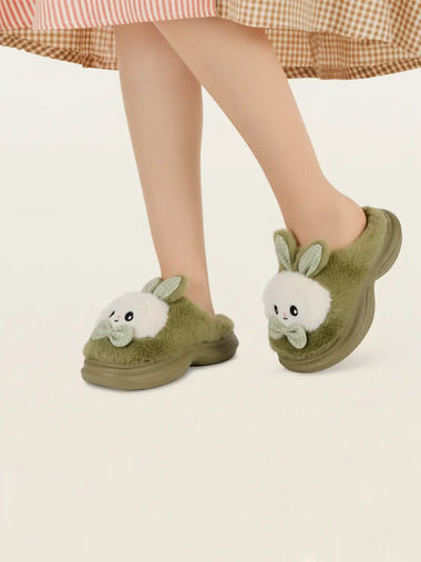 Heleey Green Bunny Bow Plush Slippers