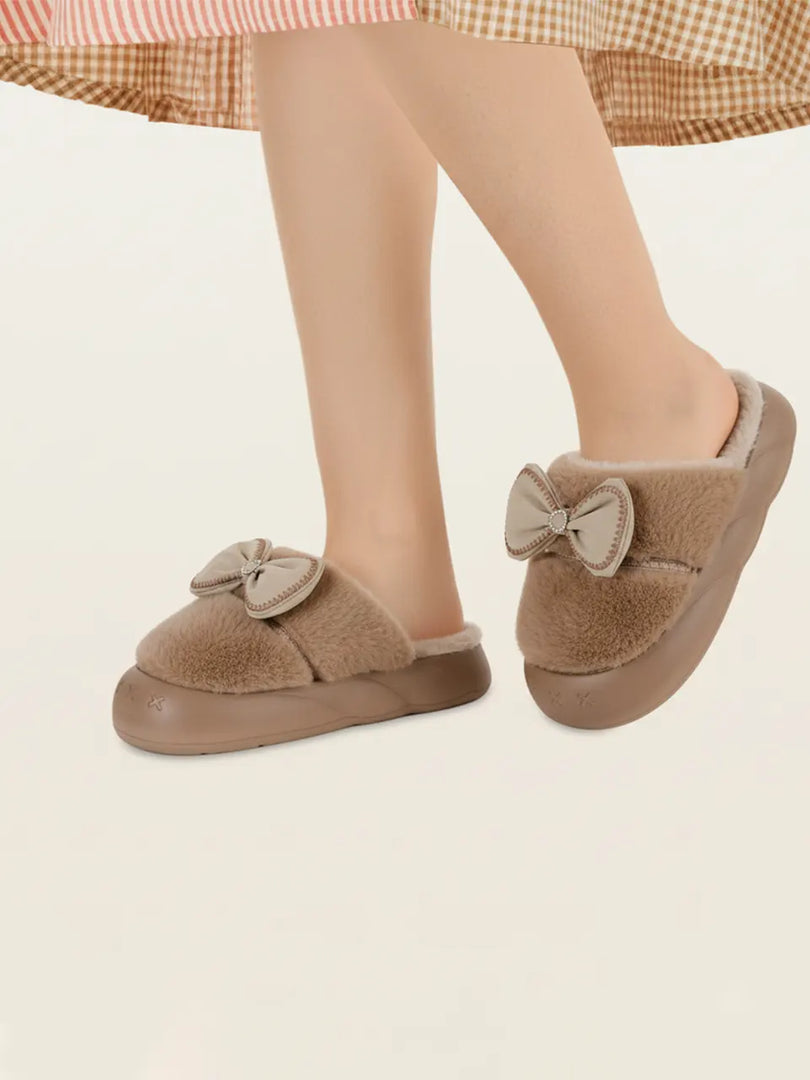 Heleey Elegant Bow Coffee Plush Slippers
