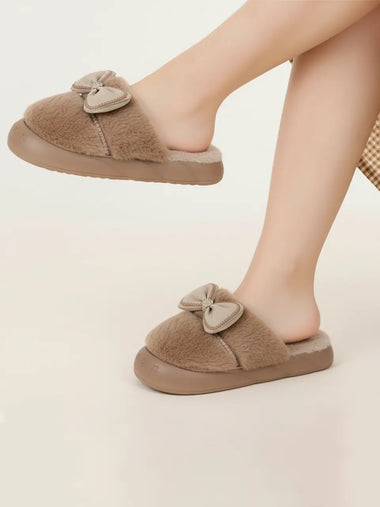 Heleey Elegant Bow Coffee Plush Slippers