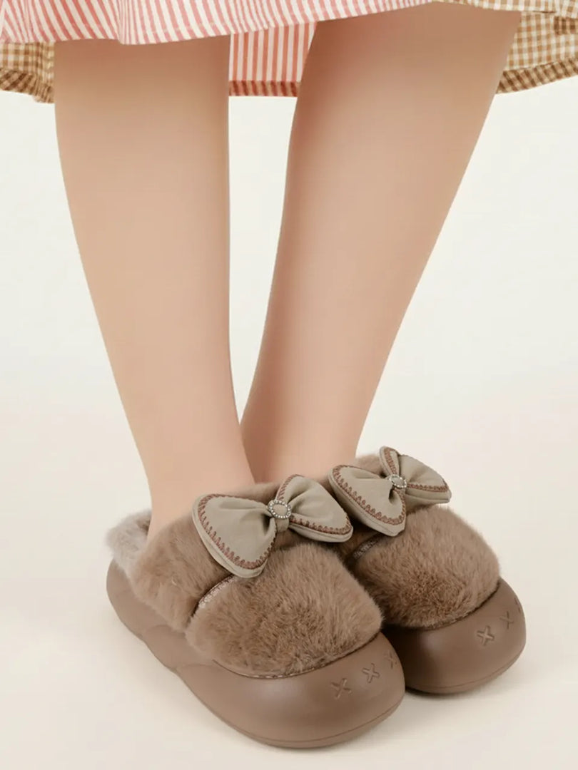 Heleey Elegant Bow Coffee Plush Slippers