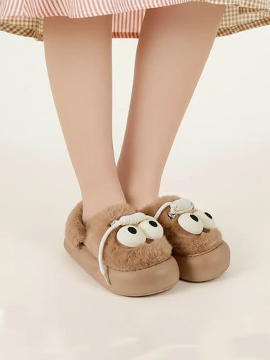 Heleey Googly Eyes Brown Plush Slippers