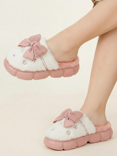 Heleey Blush Cloud Bow Plush Slippers