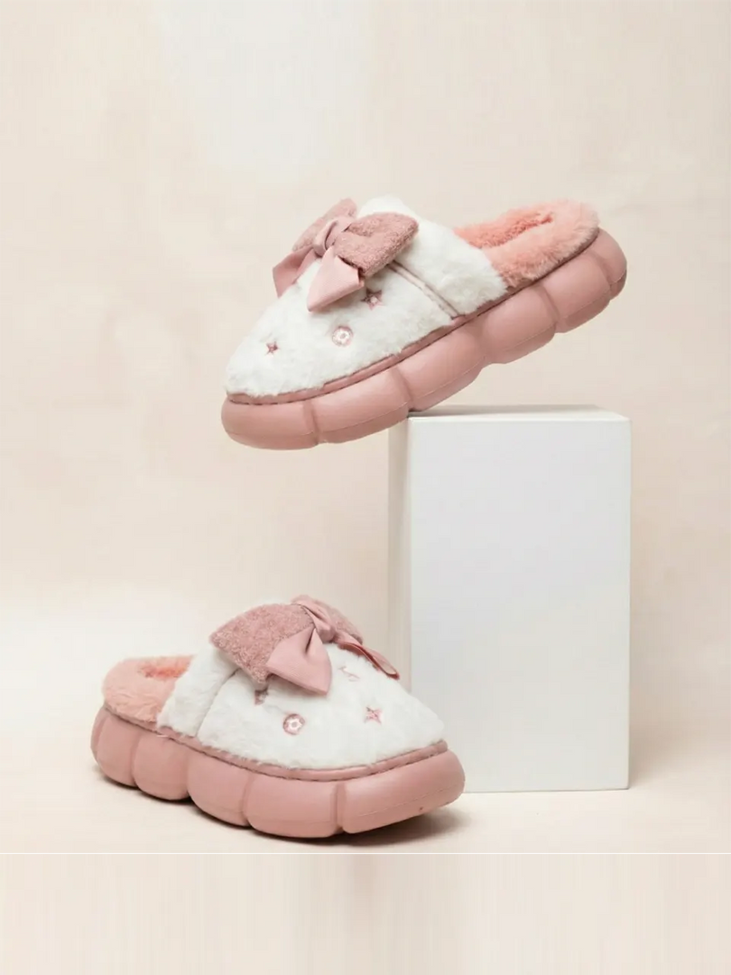 Heleey Blush Cloud Bow Plush Slippers