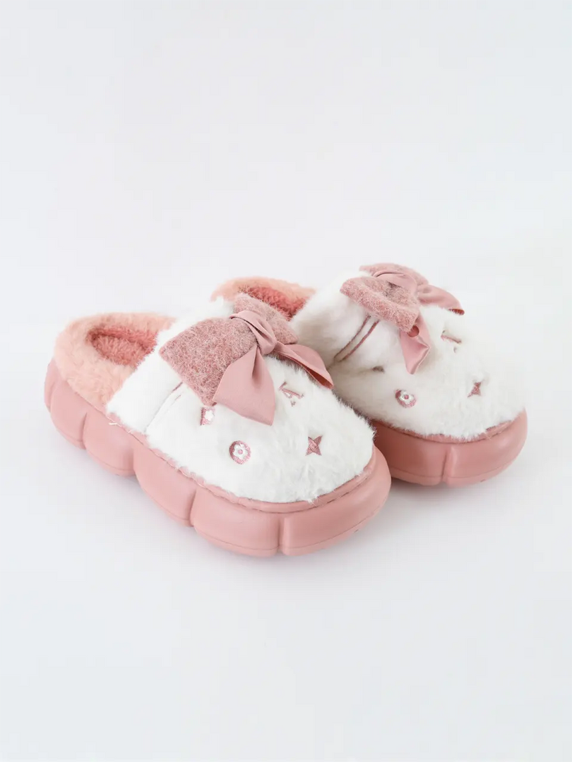 Heleey Blush Cloud Bow Plush Slippers