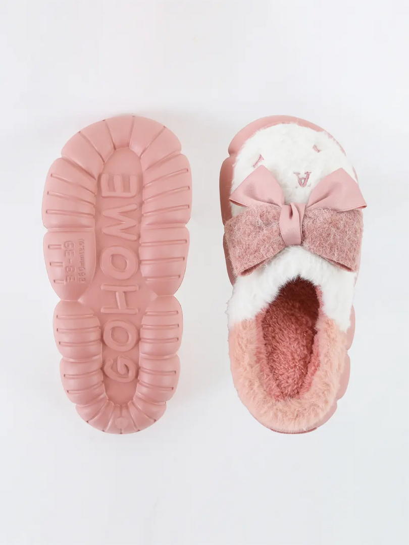 Heleey Blush Cloud Bow Plush Slippers