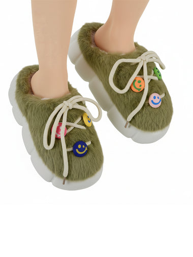 Heleey Olive Joy Smiley Plush Slippers
