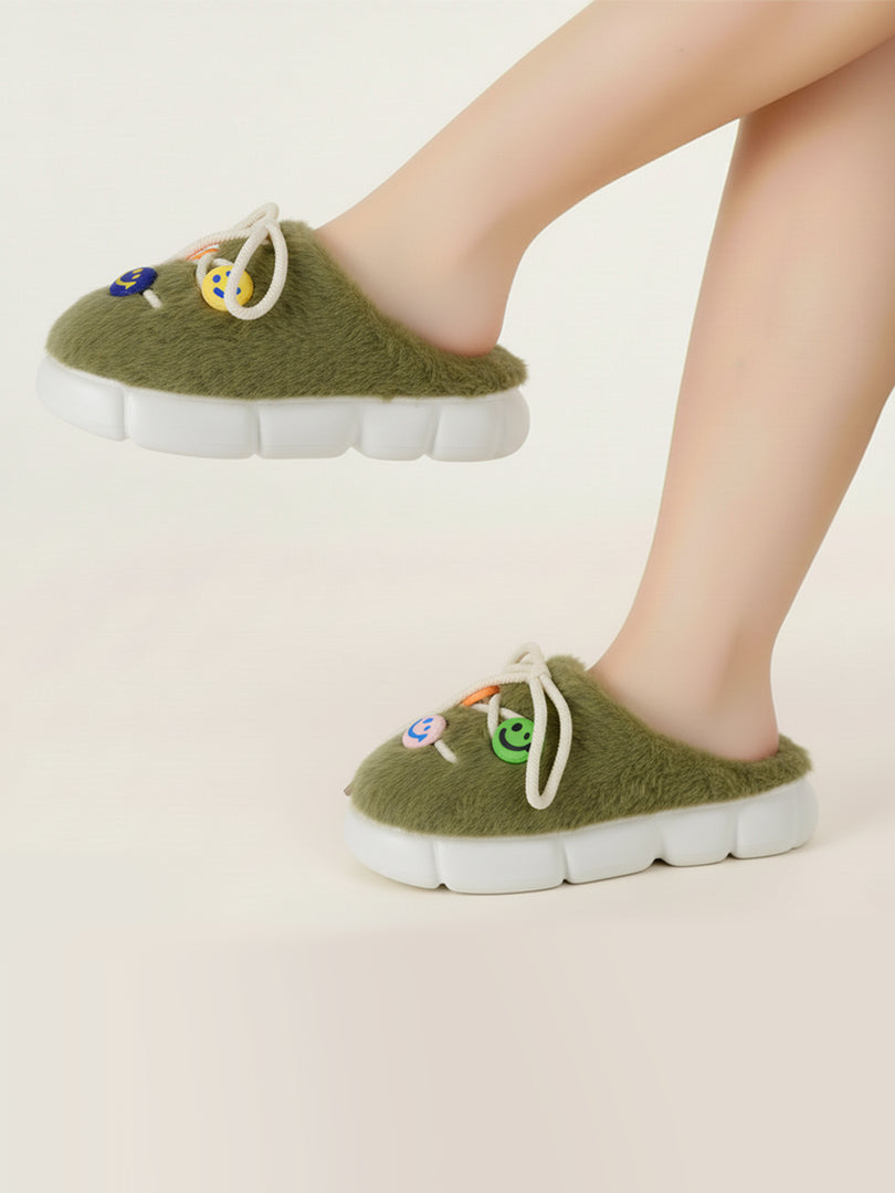 Heleey Olive Joy Smiley Plush Slippers