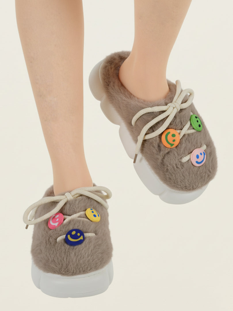Heleey Mocha Smiley Plush Comfort Slippers