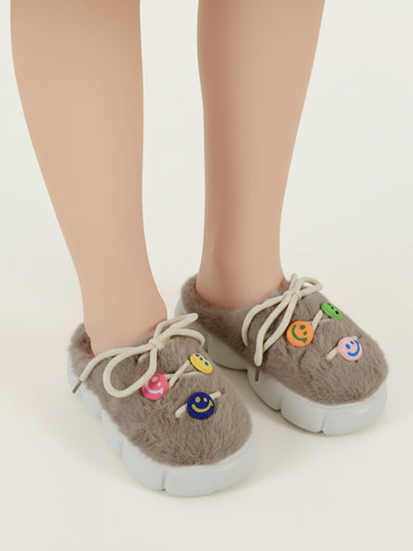 Heleey Mocha Smiley Plush Comfort Slippers