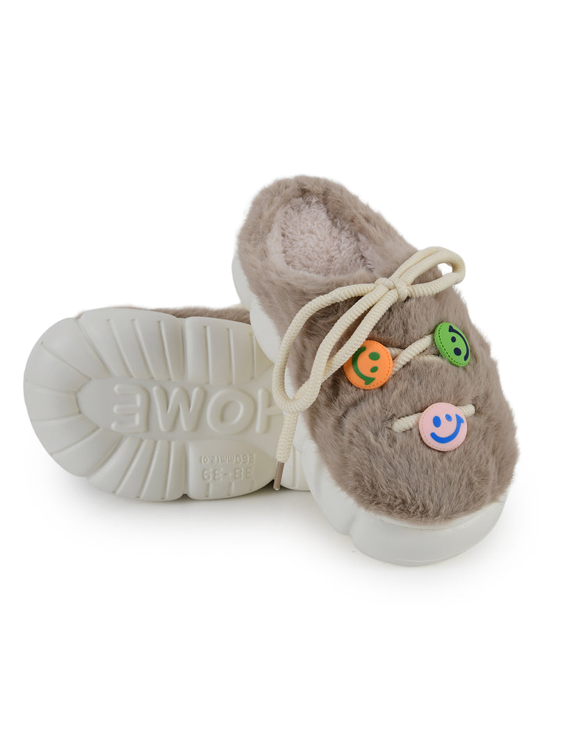 Heleey Mocha Smiley Plush Comfort Slippers