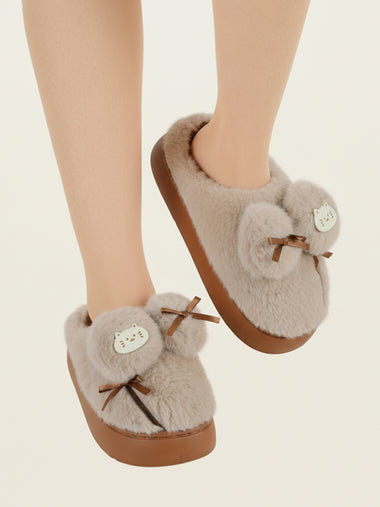 Heleey Creamy Kitty Bow Plush Slippers