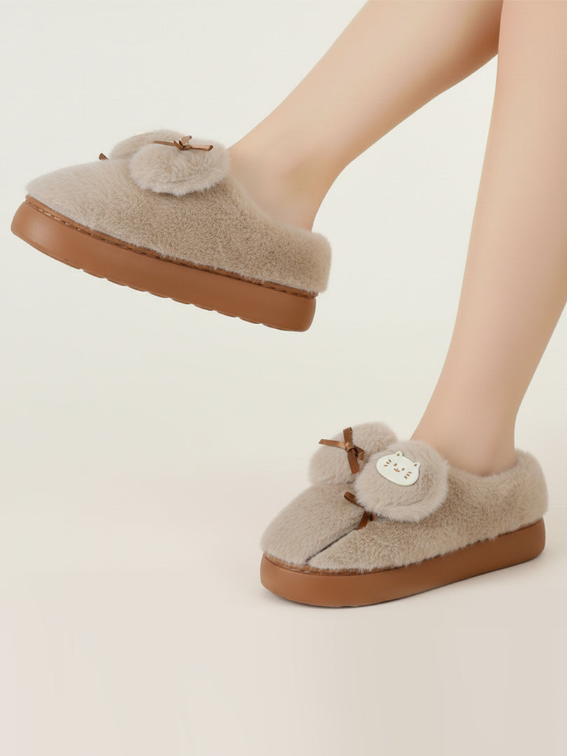 Heleey Creamy Kitty Bow Plush Slippers