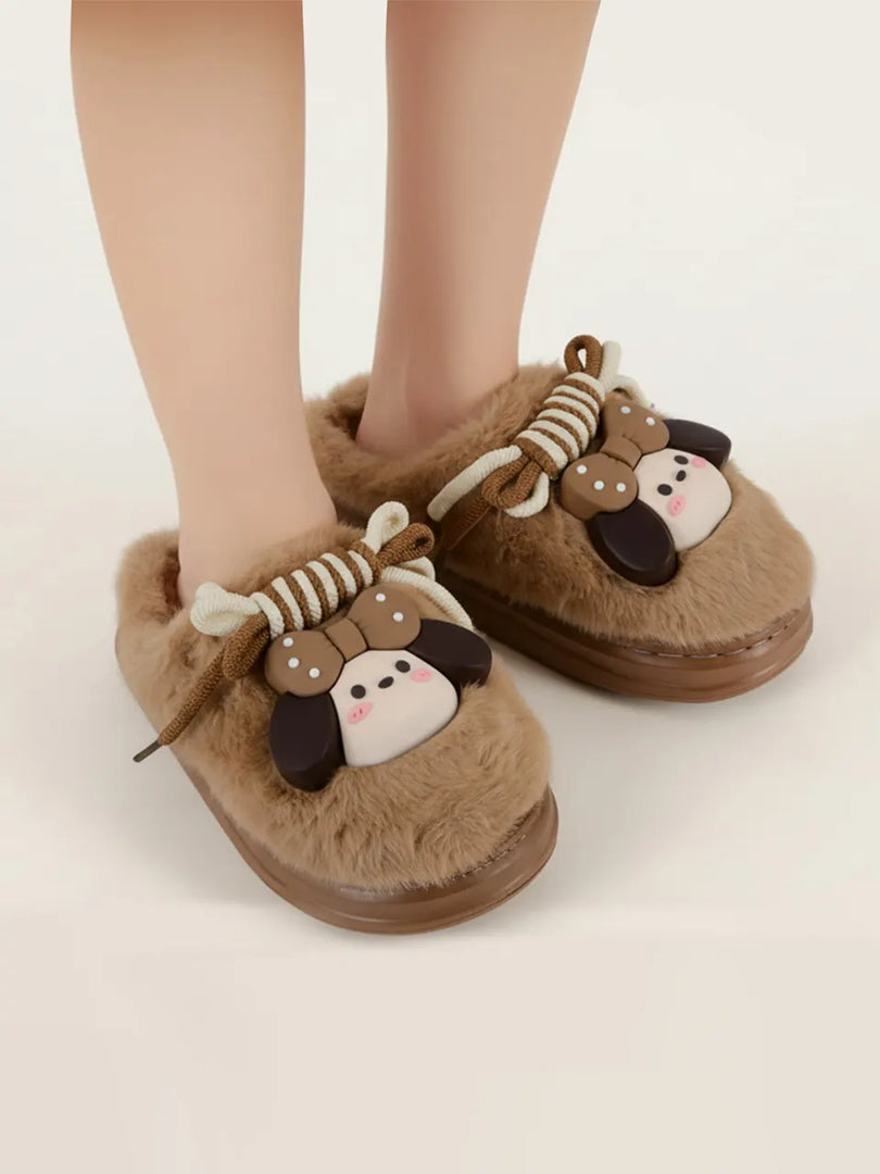 Heleey Snug Brown Pup Bow Plush Slippers