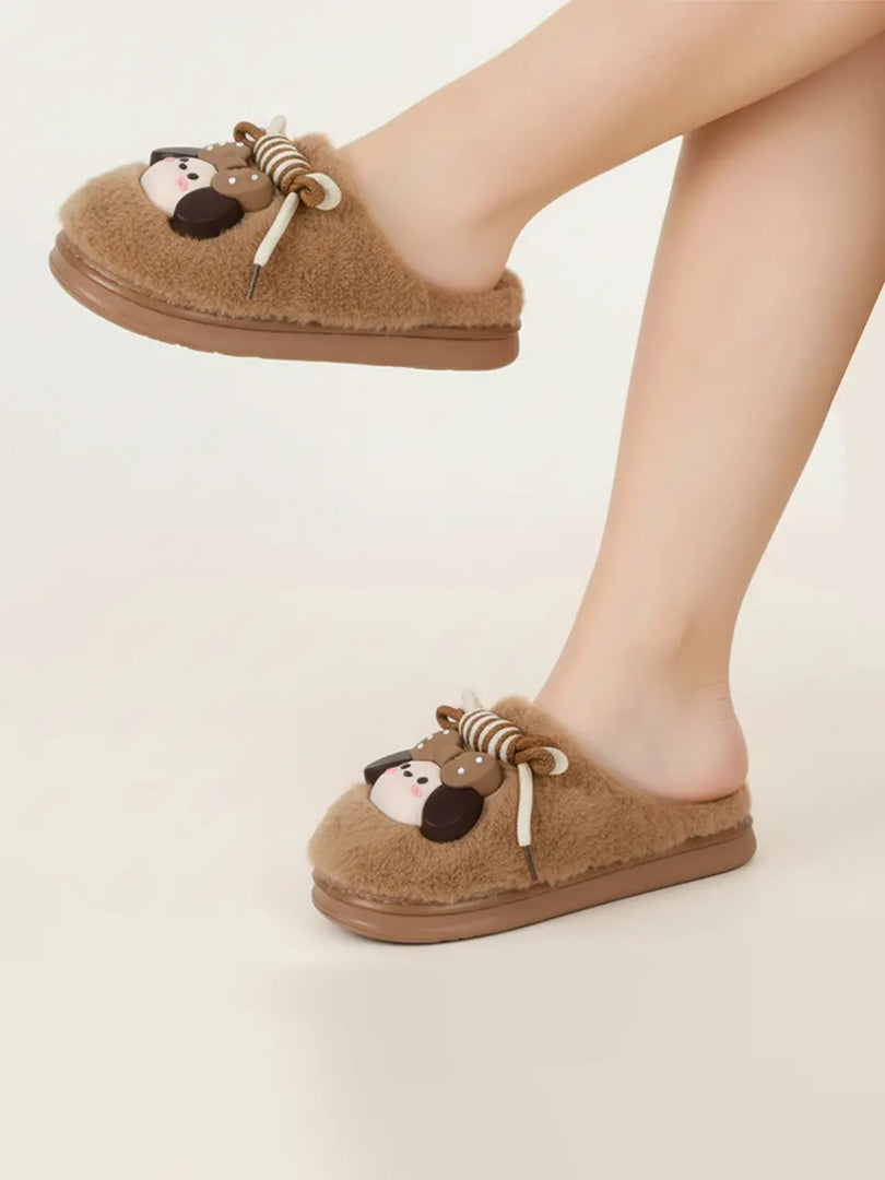 Heleey Snug Brown Pup Bow Plush Slippers