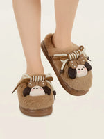 Load image into Gallery viewer, Heleey Snug Brown Pup Bow Plush Slippers