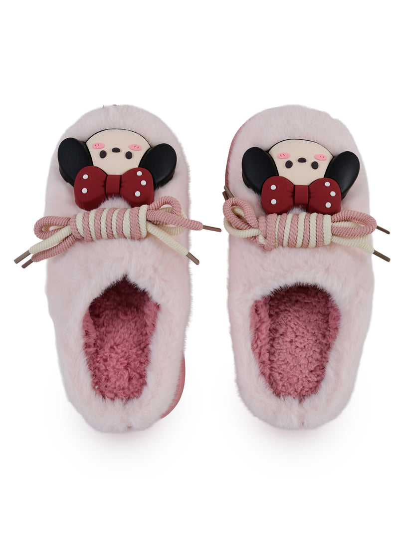 Heleey Blush Pink Bow Plush Comfort Slippers