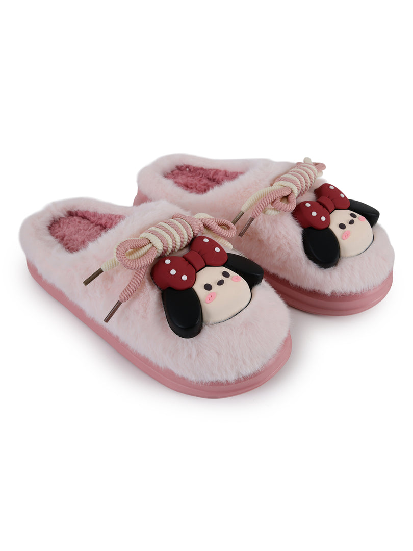 Heleey Blush Pink Bow Plush Comfort Slippers
