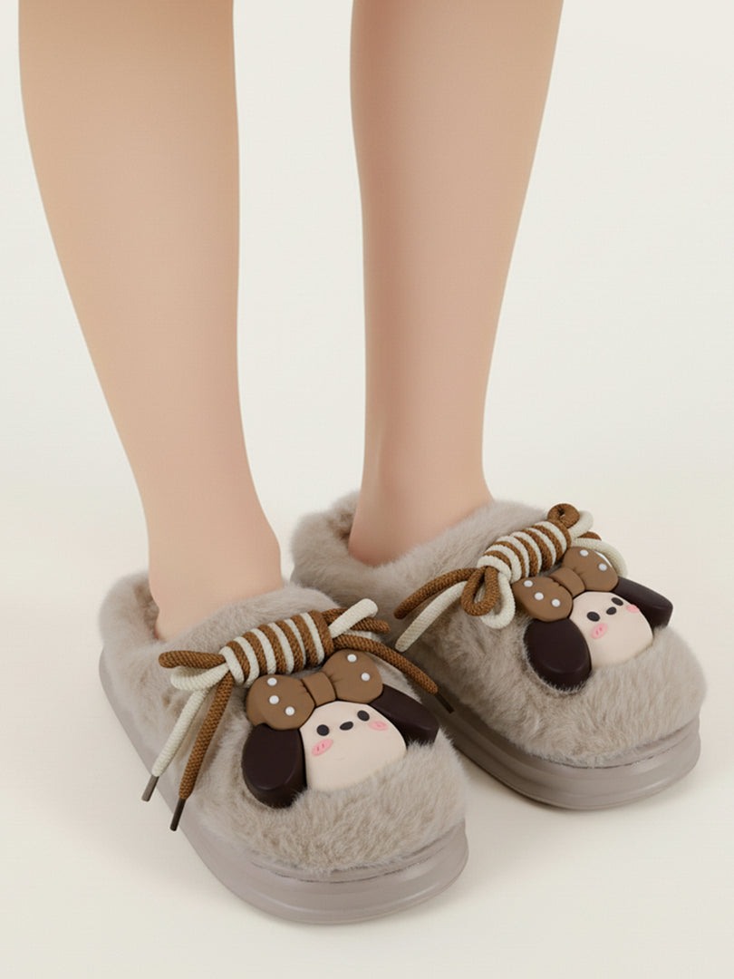 Heleey Warm Beige Puppy Bow Plush Slippers