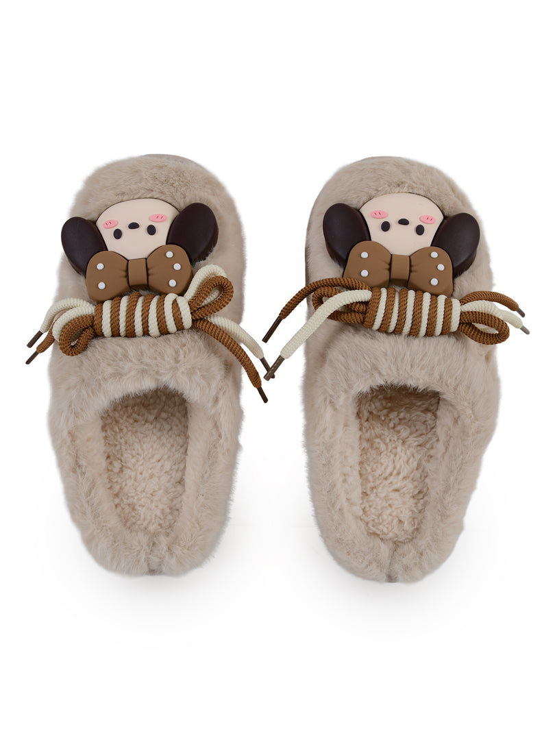 Heleey Warm Beige Puppy Bow Plush Slippers
