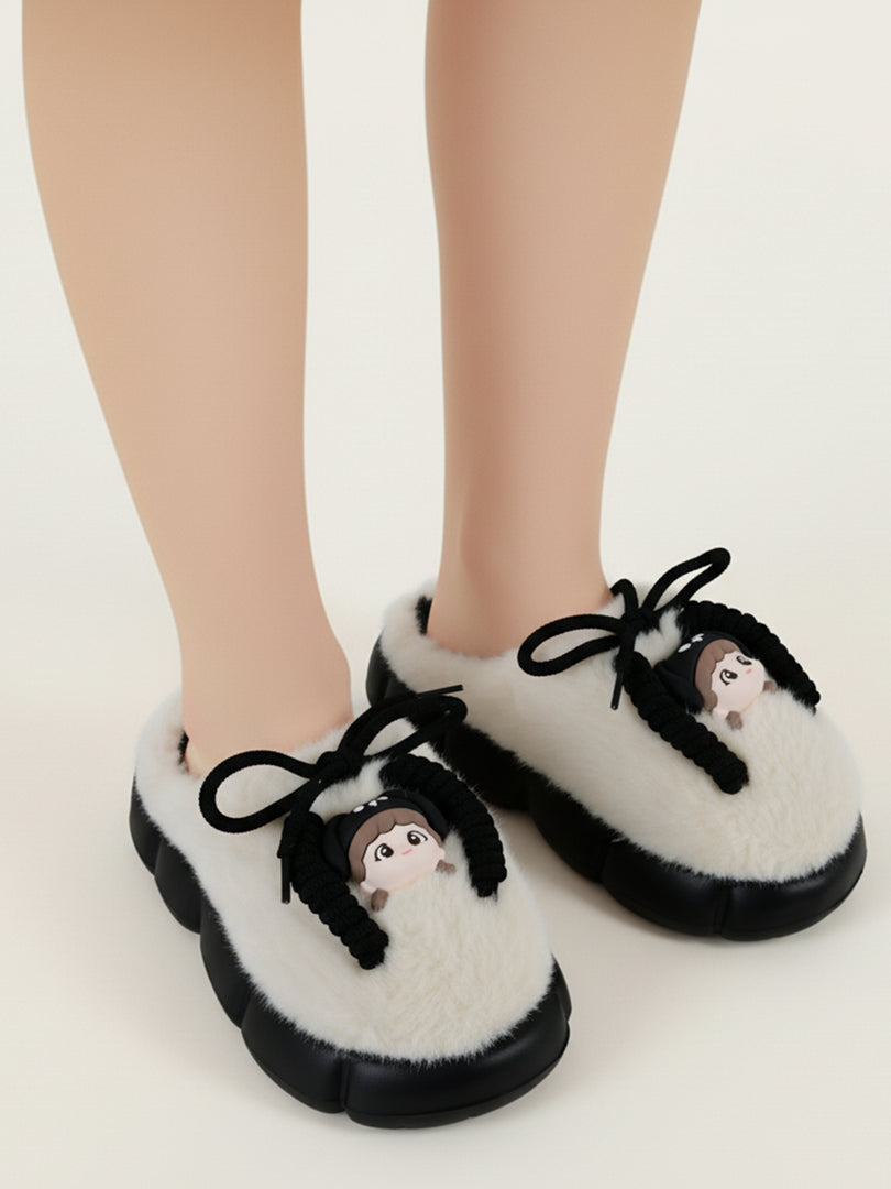 Heleey Chic Black & Cream Cozy Character Slippers