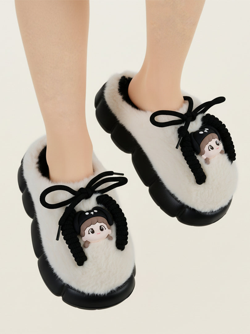 Heleey Chic Black & Cream Cozy Character Slippers