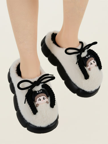 Heleey Chic Black & Cream Cozy Character Slippers