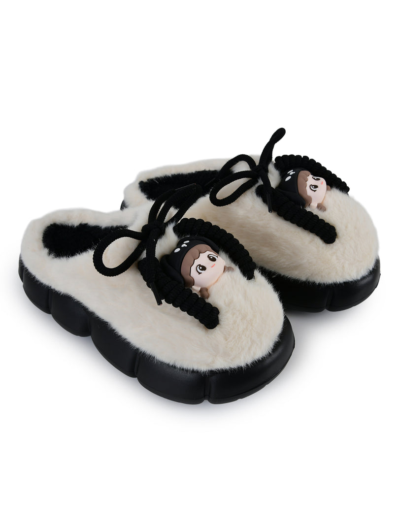 Heleey Chic Black & Cream Cozy Character Slippers
