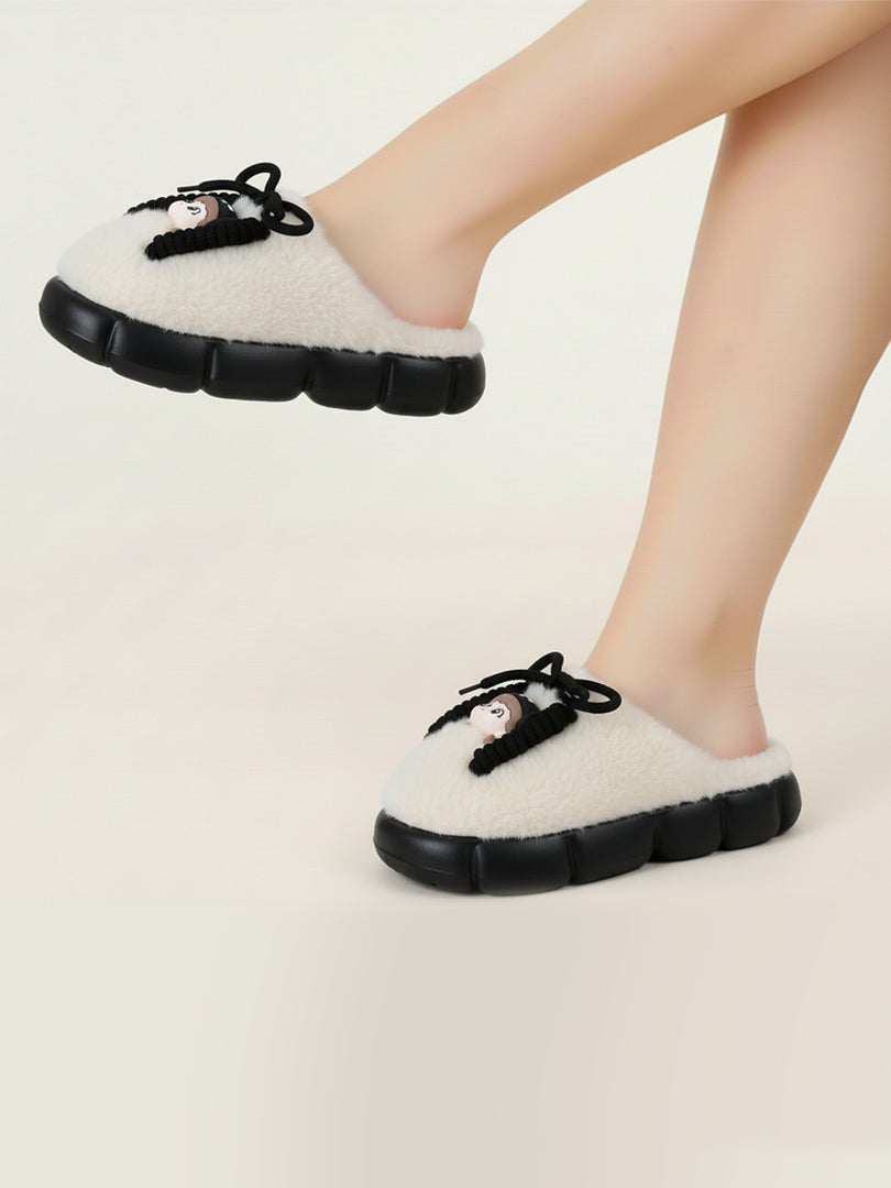 Heleey Chic Black & Cream Cozy Character Slippers