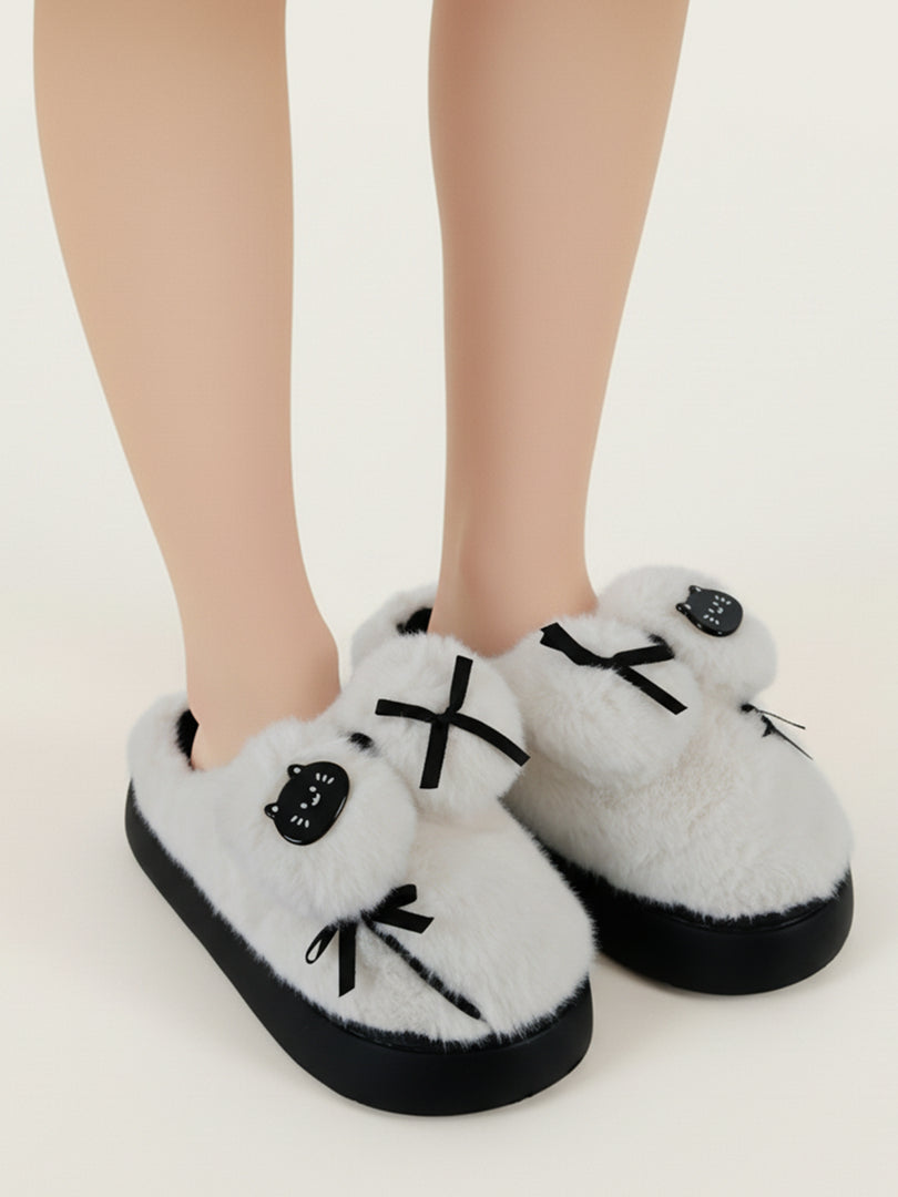 Heleey Snowy Cat Bow Plush Slippers