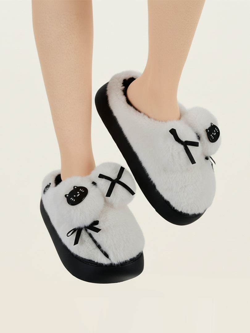 Heleey Snowy Cat Bow Plush Slippers