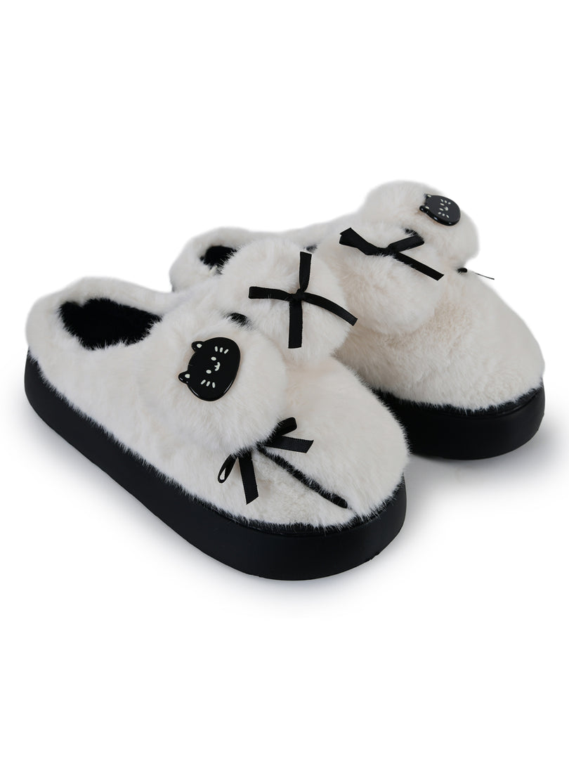 Heleey Snowy Cat Bow Plush Slippers