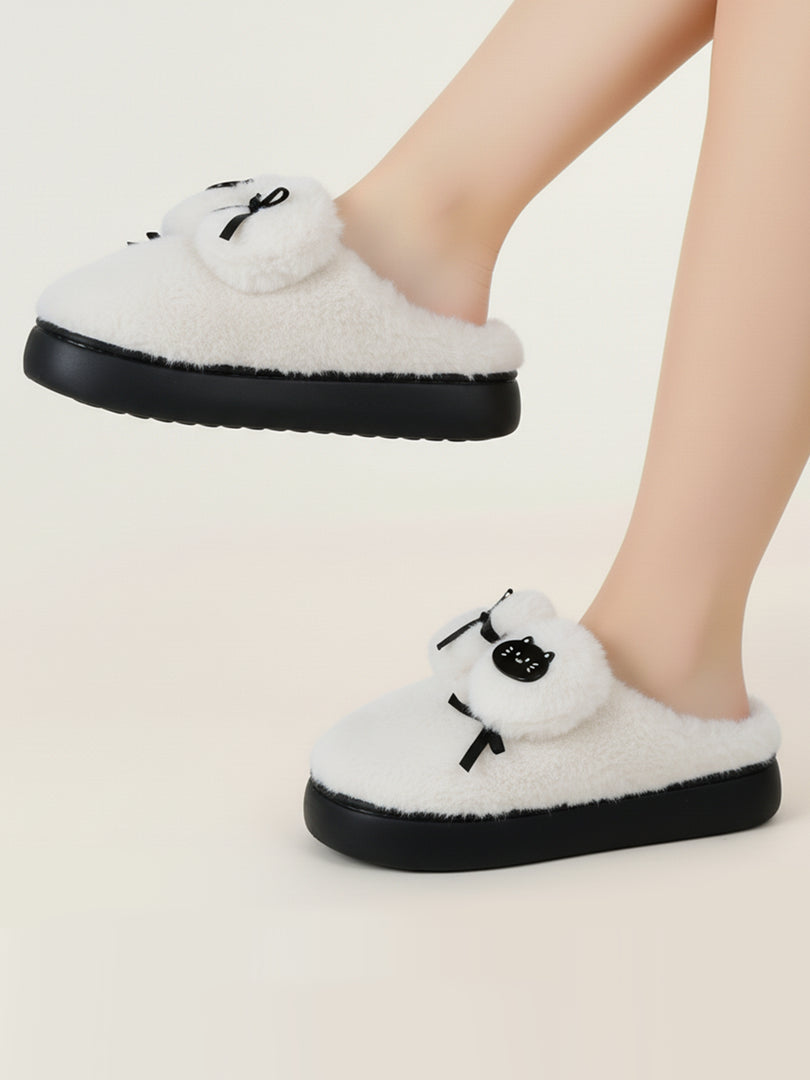 Heleey Snowy Cat Bow Plush Slippers