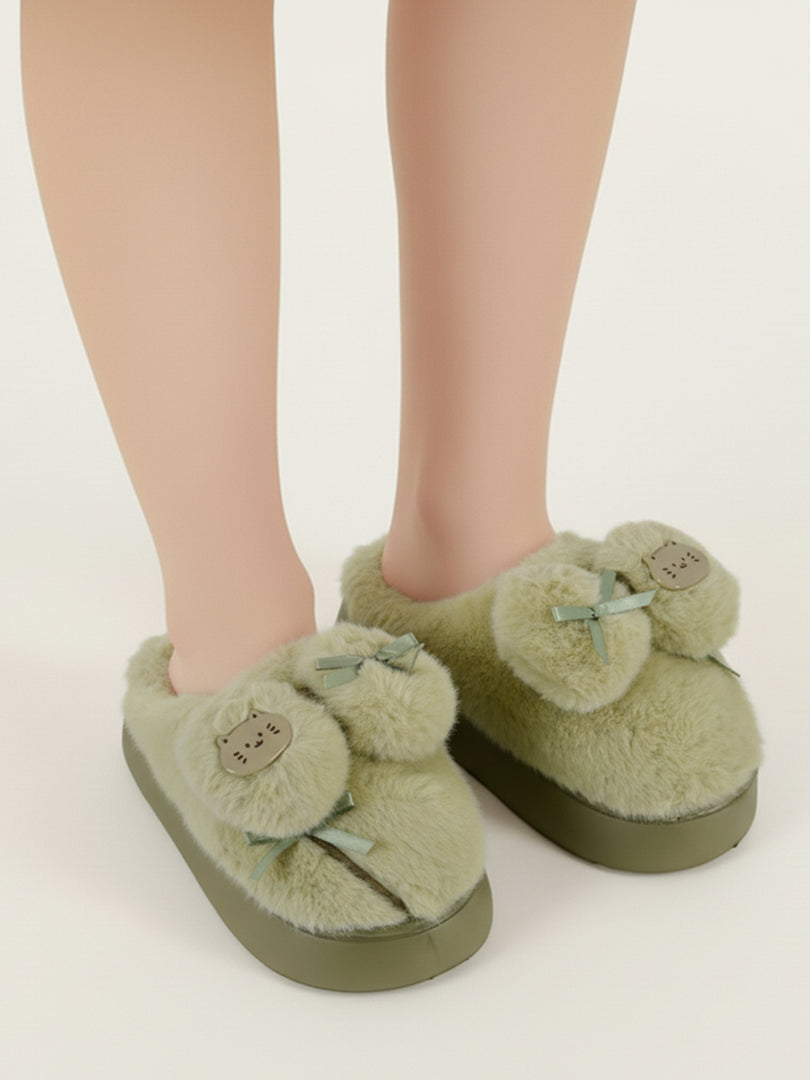Heleey Minty Kitty Bow Plush Slippers