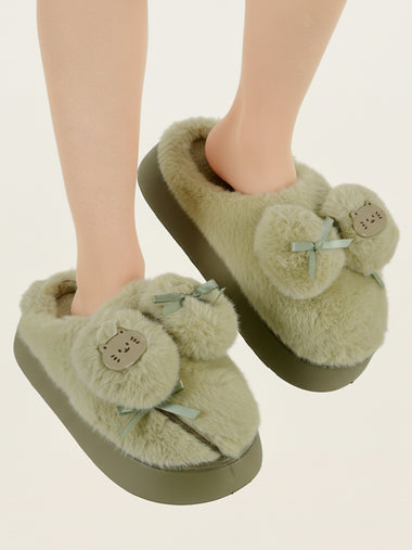 Heleey Minty Kitty Bow Plush Slippers