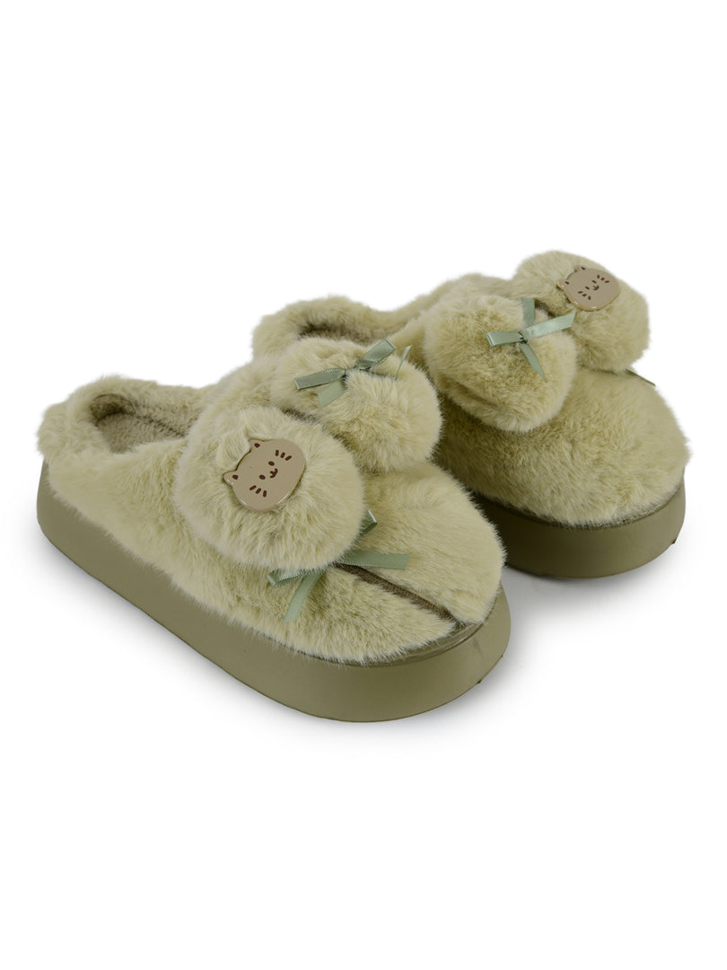 Heleey Minty Kitty Bow Plush Slippers