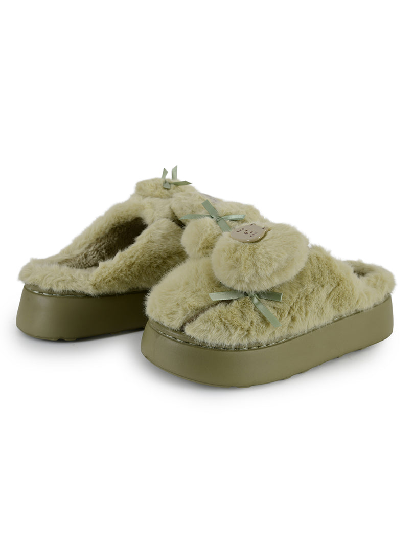 Heleey Minty Kitty Bow Plush Slippers