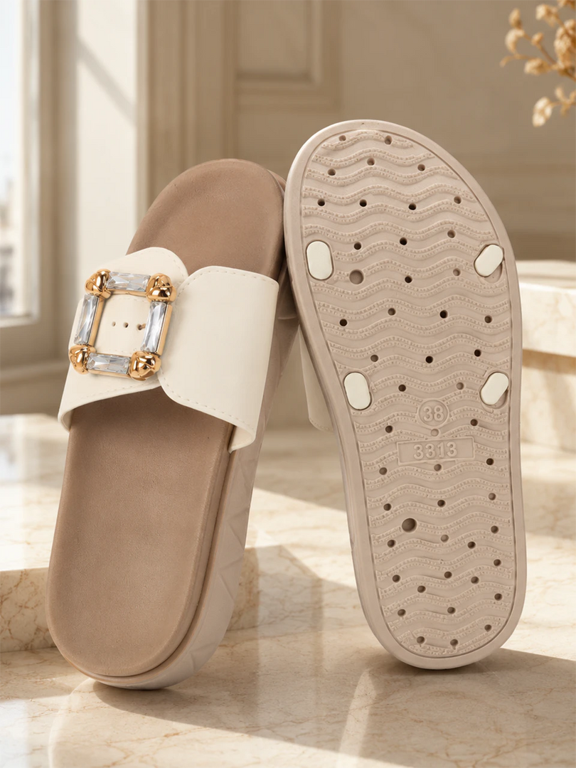 Heleey Crystal Buckle Comfort Slides
