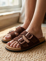 Load image into Gallery viewer, Heleey Mocha Luxe Buckle Slides