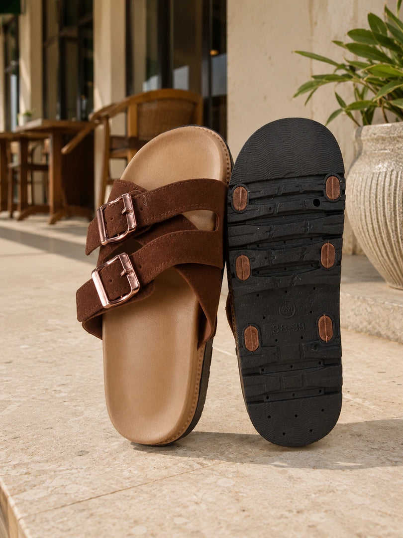 Heleey Mocha Luxe Buckle Slides