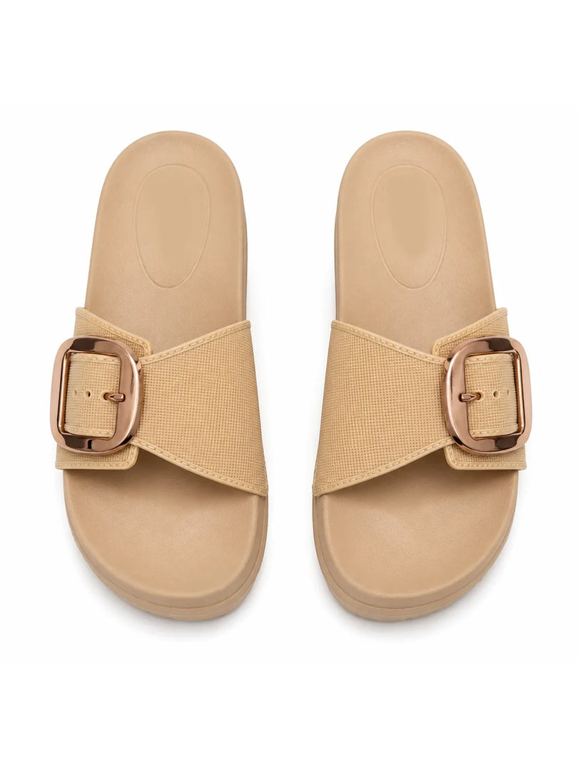 Beige Glow Buckle Slides