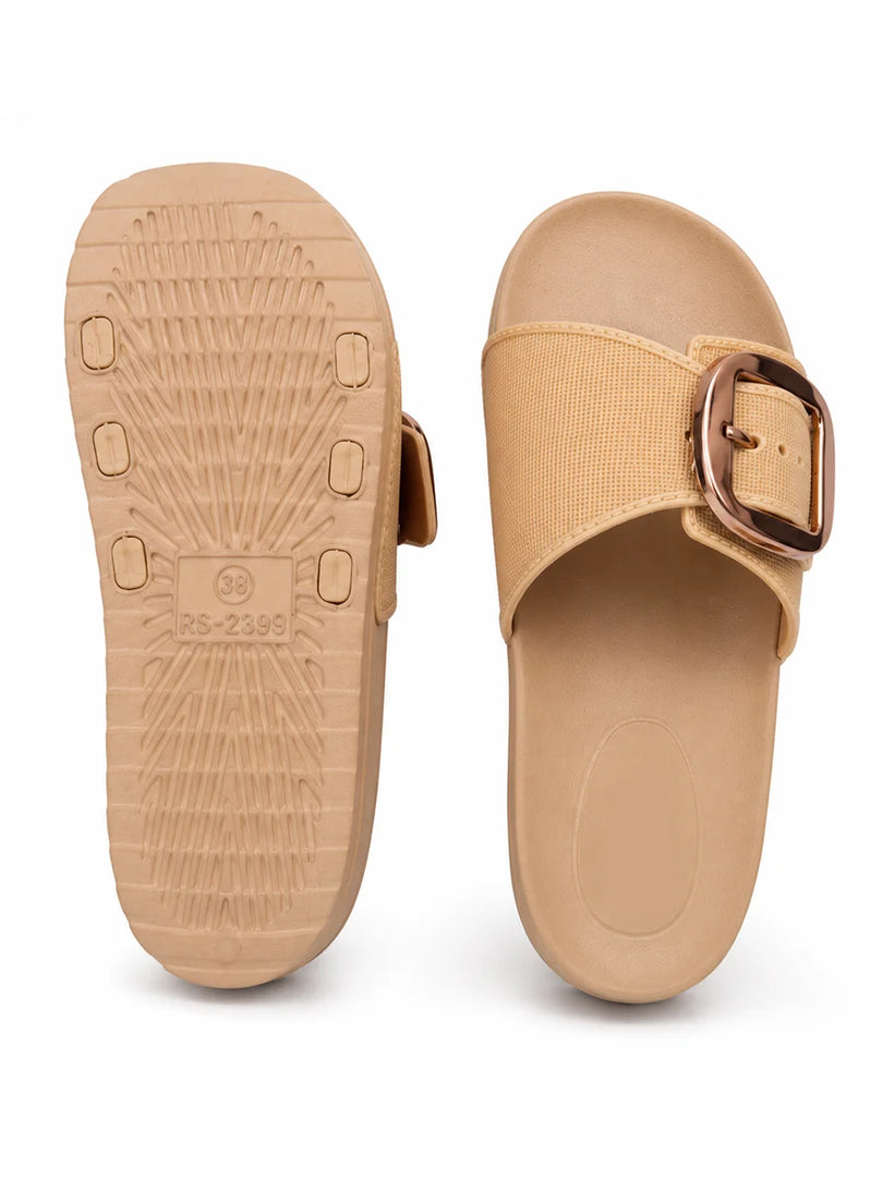 Beige Glow Buckle Slides