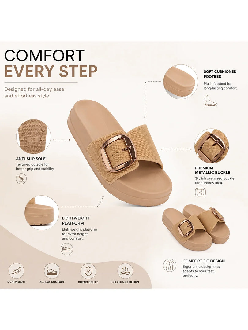 Beige Glow Buckle Slides
